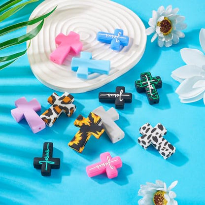 Beadthoven 12pcs Cross Silicone Focal Beads for Pens Leopard Printed Jesus Faith Cross Silicone Rubber Beads for Keychain Beadable Pens Jewelry Bracelets Making DIY Crafts - color: Crosses 12 Styles