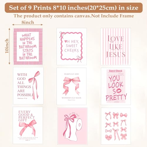 Pink Bow Bathroom Wall Art 9Pcs Bathroom Wall Decor Preppy Girly Posters - color: pink
