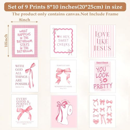 Pink Bow Bathroom Wall Art 9Pcs Bathroom Wall Decor Preppy Girly Posters - color: pink