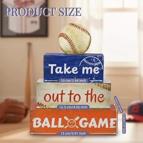 Vintage Baseball Decor Set of 4, Wooden Sports Themed Block Sign Decor for Room Party Mantle Shelf Tiered Tray, Table Centerpieces Gift for Son, Grandson - color: Baseball1-takeme