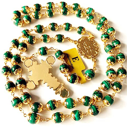 elegantmedical HANDMADE UNDOUBTED Malachite GOLD Rosary Prayer Beads Necklace Catholic Gift & Box