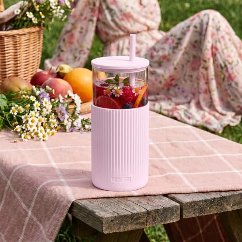 SANDJEST Glass Water Bottle with Silicone Sleeve 20oz, Glass Tumbler with Straw and Lid, Smoothie and Iced Coffee Cup, Gifts for Women Teen Girls Birthday Christmas (Lilac Dreamer) - color: Lilac Dreamer