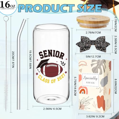 Class of 2027 Senior Gifts - Senior 2027 Football Glass Tumbler with Glitter Bow, Graduation Gift for Girls Women Player College High School Daughter Friends Graduates - style: football senior