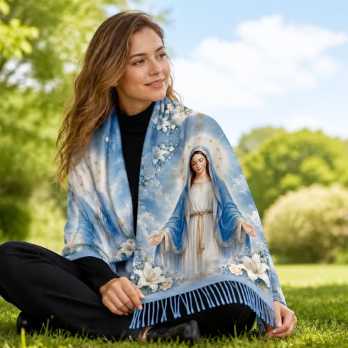 The Virgin Mary Bible Verse Shawls for Women, Catholic Christian Blanket Scarf Gifts or Mom Teacher Christmas - color: Light Blue
