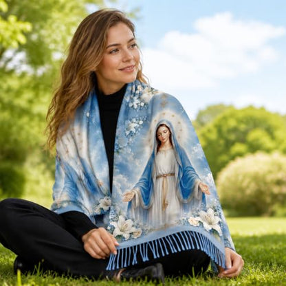 The Virgin Mary Bible Verse Shawls for Women, Catholic Christian Blanket Scarf Gifts or Mom Teacher Christmas - color: Light Blue