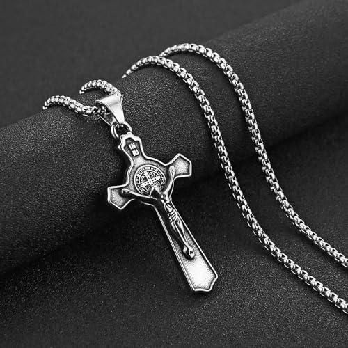 HZMAN Stainless Steel St. Benedict Crucifix Cross Necklace for Men - color: Small Matte silver