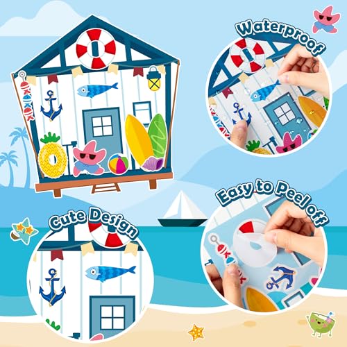 CY2SIDE Summer Seahouse Scene Sticker - 12 Set Hawaiian Luau Sticker Art Craft for Kids School Rewards Make Your Own Starfish Surfboard Ocean House Scene Games Activities Summer Party Favors Supplies - style: Sea house