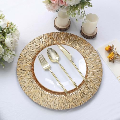 Efavormart 6-Pack 13" Gold Embossed Peacock Design Charger Plates, Luxury Textured Round Underplates for Exotic Weddings and Formal Banquets - color: Gold, size: Style16