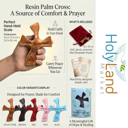 Holy Land Market Healing Cross, Handheld Palm Prayer Cross, Gift Box, Brown - color: Natural Wood