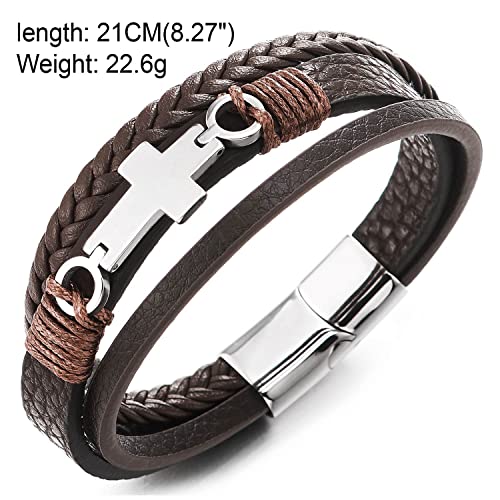COOLSTEELANDBEYOND Mens Women Steel Horizontal Sideway Lateral Flat Cross Multi-Strand Leather Bangle Bracelet - color: B-Metal Color: Silver; Leather Color: Brown