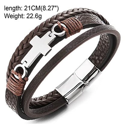 COOLSTEELANDBEYOND Mens Women Steel Horizontal Sideway Lateral Flat Cross Multi-Strand Leather Bangle Bracelet - color: B-Metal Color: Silver; Leather Color: Brown