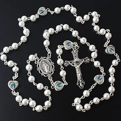 HanlinCC Catholic Miraculous Rosary Glass Pearl Beads Pray Card & Gift Bag - color: White