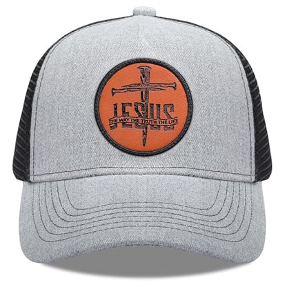 Trucker Hat Baseball Cap Christian Hats for Men Women Jesus Cross The Way The Truth Life Jesus Saves Hats - color: Grey