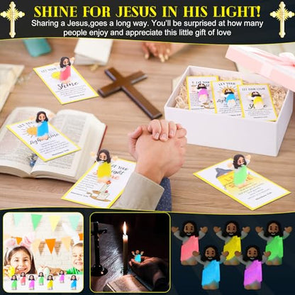 CroBlissful 30 Sets Mini Jesus Figurines Bulk Christian Glow in The Dark with Let Your Light Shine Cards for Christian Sunday School Religious Party Favor Halloween(Raise Your Hands) - style: Raise Your Hands