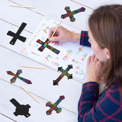 Chivao 80 Pcs Scratch Art Cross Ornaments Rainbow DIY Kit for Kids