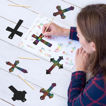 Chivao 80 Pcs Scratch Art Cross Ornaments Rainbow DIY Kit for Kids