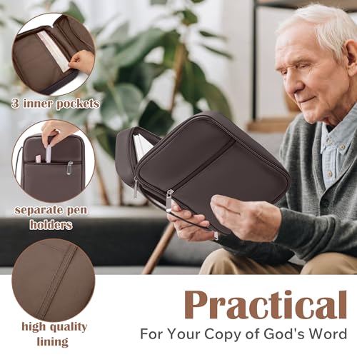Small Bible Cover Case for Women and Men, 9x6 PU Leather Bible Sleeve, Compact Travel Bible Carrier Bag with Front Pen Holders, Zipper Closure, Inner Pockets - Coffee Brown - color: Coffee Brown, size: 9''x6.5''
