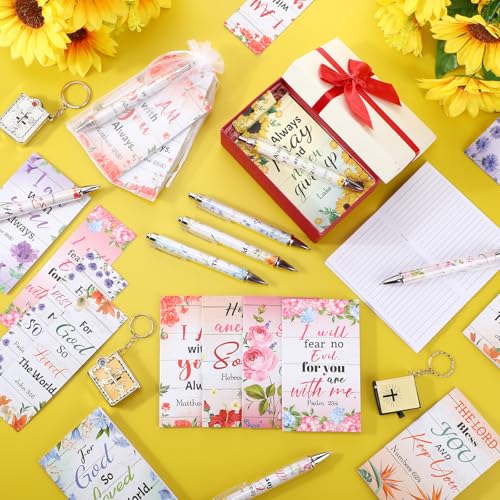 200 Pcs Christian Gift for Women Christian Accessories Include 50 Bible Verses Notebook 50 Church Bookmark 50 Ballpoint Pen Organza Bag Gift for Christmas Church Motivational (Flower) - style: Flower