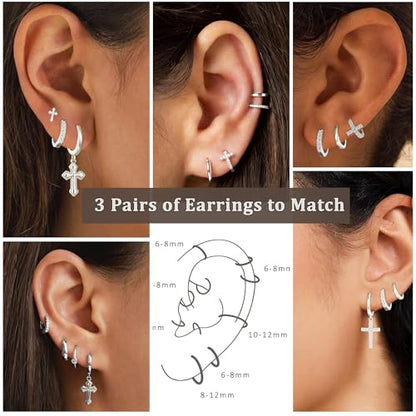 3Pairs Gold Cross Earrings for Women Hoops Huggie Earrings Stack Set - color: Silver-3