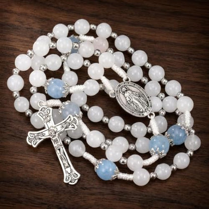 Nazareth Store 8mm White Jade & 10mm Natural Stone Beads Rosary Necklace St. Miraculous Medal & Cross Crucifix Catholic Prayer Beads Religious Jewelry - color: Aquamarine