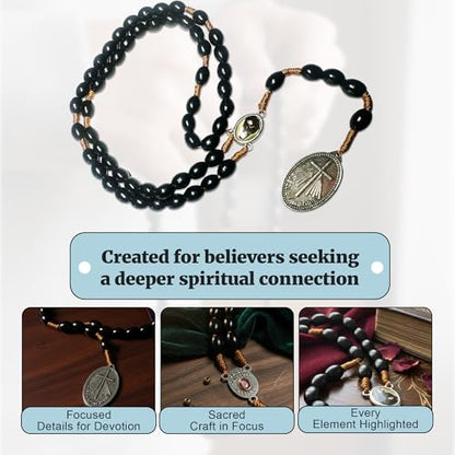 SANCTUM VERITAS Saint Faustina Kowalska True Relic Chaplet Apostle Divine of Mercy Miraculous Medal Jesus I Trust in You Chaplet Three O' Clock Prayer Poland Polish Novena - color: Black on the Cord