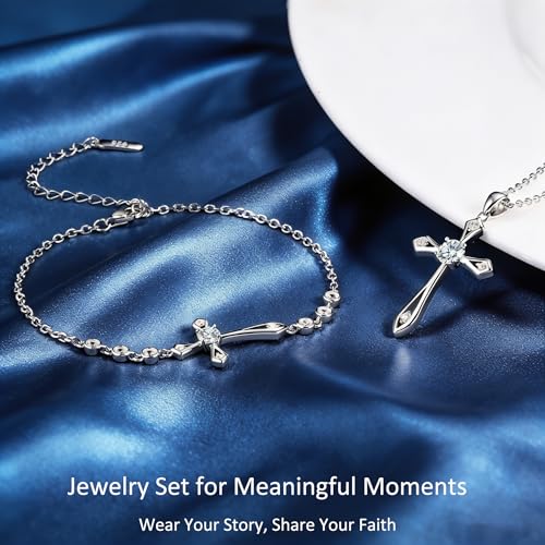 Cross Necklace for Women,925 Sterling Silver Faith Jewerly Gift - color: 04-April-White Diamond