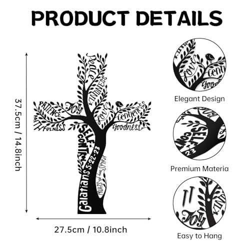 Hnatzu Metal Cross Wall Decor - Fruit of the Spirit Tree of Life Wall Cross - Rustproof Christian Wall Art for Home, Church - Inspirational Cross Wall Decor for Indoor & Outdoor Use