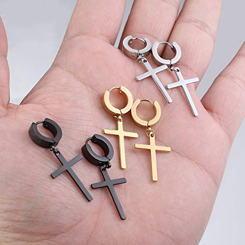 Men Women Stainless Steel Cross Earrings Set Dangle Hinged Earrings of Dangle Hinged Earrings Cross hoop Earrings - color: 3 Pairs Cross Earrings (Black+Silver+Gold) Large