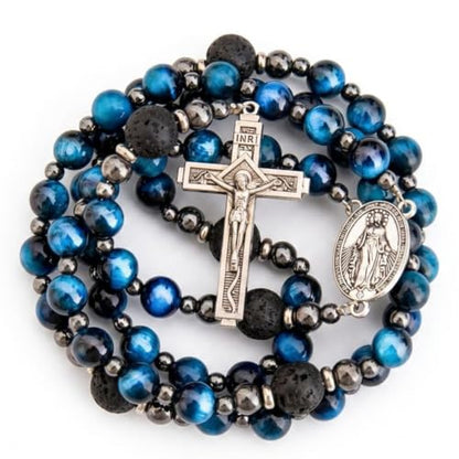 Nazareth Store Blue Tiger Eye Rosary Beads, Handmade Catholic Rosary Necklace with Lava Stone Beads and Our Father Crucifix, Five Decade Prayer Rosary, Religious Gift - style: Miraculous