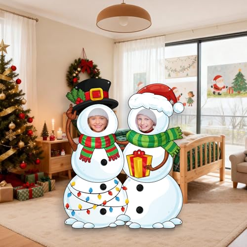 WovWeave Snowman Christmas Photo Booth Banner White with 2 Face Cutouts - style: Snowman