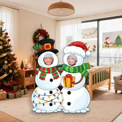 WovWeave Snowman Christmas Photo Booth Banner White with 2 Face Cutouts - style: Snowman