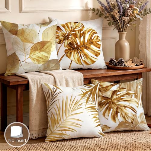 OBSEDE Golden Leaf Throw Pillow Covers 18 x 18 Set of 4 Single Side Print - color: Gilded Botanical Line Drawing, size: 18" x 18" (Pack of 4)