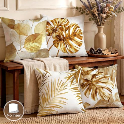 OBSEDE Golden Leaf Throw Pillow Covers 18 x 18 Set of 4 Single Side Print - color: Gilded Botanical Line Drawing, size: 18" x 18" (Pack of 4)