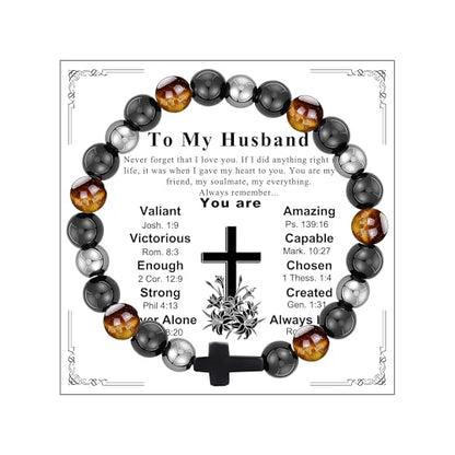 Gifts for Men Bracelets Triple Protection Cross Bracelet 8mm Black Obsidian Hematite Tiger Eye Beaded Natural Stone Bracelets Birthday Jewelry Gifts Cross Christian Gift for Him Husband Son - color: To My Husband,Mix Style