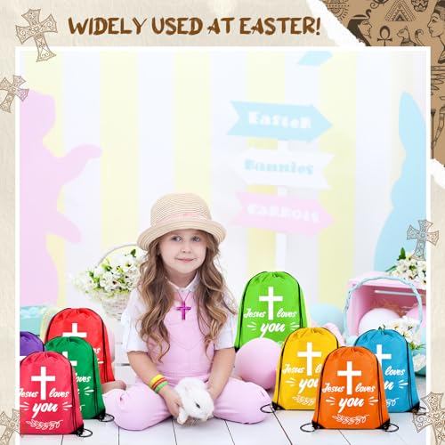48 Pcs Bible Verse Party Favors Includes 16 Jesus Loves You Drawstring Backpack 16 Bible Verse Bracelets 16 Cross Necklaces for Christmas Shoebox Gift Easter Vacation Bible School