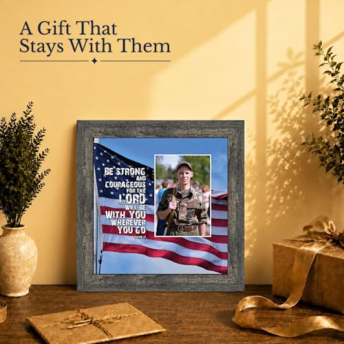 Be Strong and Courageous Military Picture Frames, Patriotic Wall Art - color: Barnwood, size: 8"L x 8"W