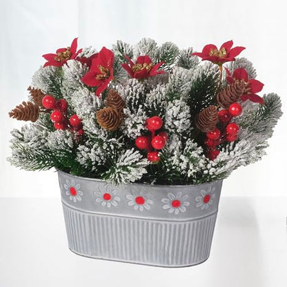 Christmas Centerpiece Table Decorations Artificial Norfolk Pine Branches with Poinsettia Flowers, Pine Cones & Berries in Metal Planter – Xmas Flower Arrangement for Christmas Décor & Dining Table