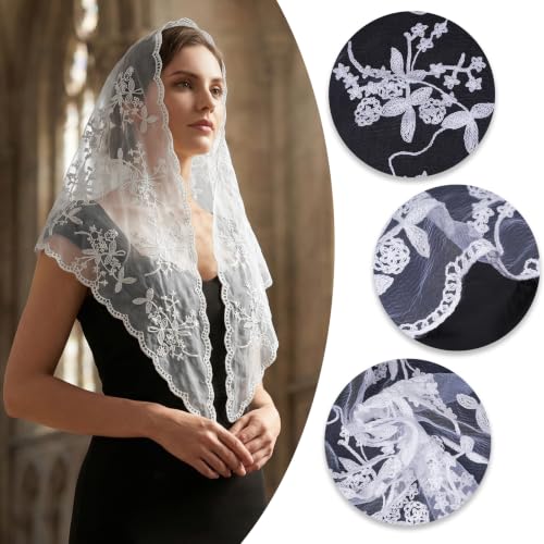 Lystaii Triangle Lace Mantilla Veil Catholic Chapel Head Covering Scarf - color: White