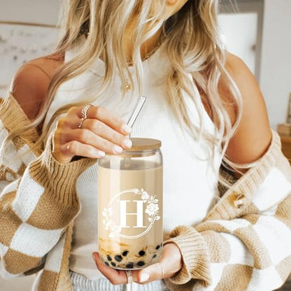 Birthday Gifts for Women, Monogrammed Initial Glass Cup Personalized Gifts for Women, 16oz Glass Cups with Lids and Straws, Iced Coffee Cup, Beer Can Shaped Glass - Gifts for Mothers Day, Christmas, H - style: H