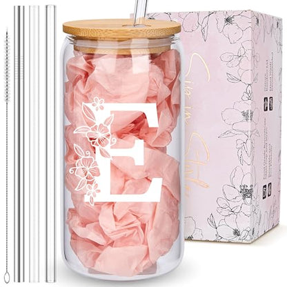 Personalized Tumbler, Monogrammed Can Glass Cups with Bamboo Lids and Straws, Customized Gifts for Women, Cute Design Initial Iced Coffee glasses, Custom Letter Mug, Birthday Bridesmaid, E - style: Monogram E