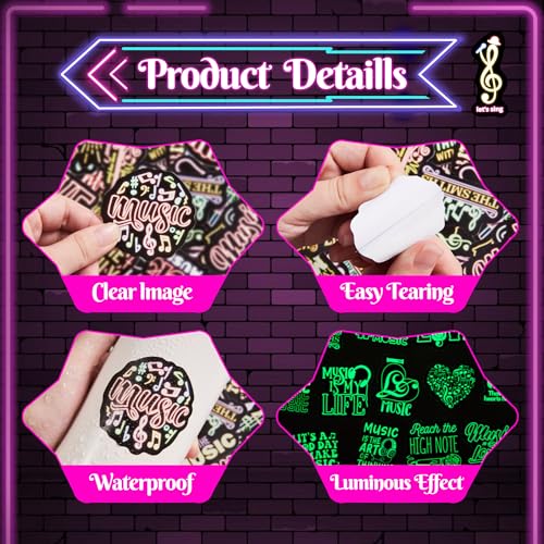 Glow in The Dark Kids Neon Music Water Bottle Stickers, 50 Pcs Waterproof Vinyl Laptop Decals, Activity Birthday Party Decor Teaching Prizes - color: Luminescent-162kshr