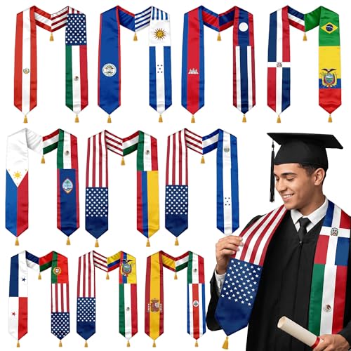 Class of 2026 Graduation Stole Flag Sash with Gold Tassels 72 Inch for High School College University Ceremony - color: Custom 3 Flag