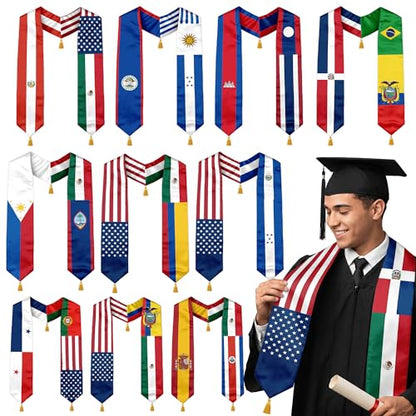 Class of 2026 Graduation Stole Flag Sash with Gold Tassels 72 Inch for High School College University Ceremony - color: Custom 3 Flag