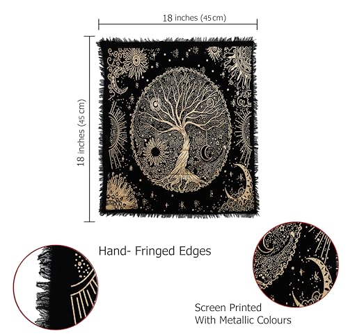 Indian Consigners Tree of Life Altar Cloth Tapestry Tablecloth Celtic Trees Ritual Spiritual Cloth for Sacred Places, Cotton Square Tarot Table Cover 18 by 18 Sacred - color: Golden Celestical Dry Tree, size: 18" x 18" (Square)