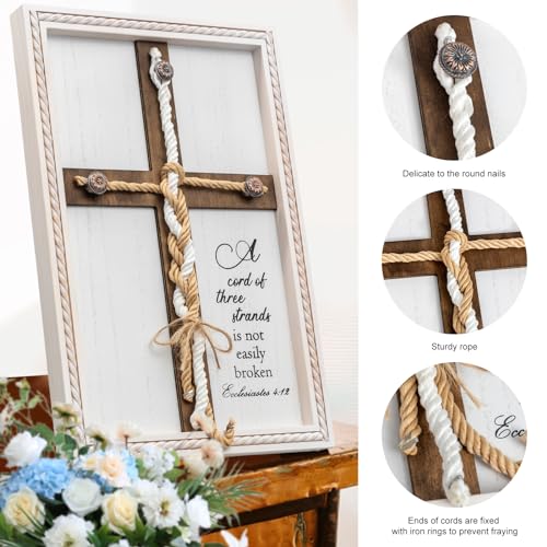 A Cord of Three Strands Wedding Ceremony Sign 10 × 15in, Unity Rope Cross Sign Braided for Wedding Unity Ceremony Idea Religious Anniversary Couple Gift for Parents, Couple, Christian, Tie God's Knot