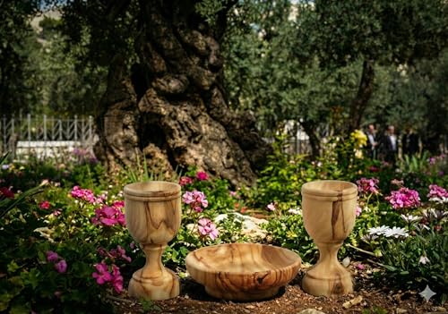 Christian Wedding Gifts – Olive Wood Communion Set Made in Bethlehem – 2 small Cups (3") & Bread Tray for Marriage Unity Ceremony – Authentic Holy Land Gift for Bride & Groom with Certificate - color: 2 Cup Set [Small]