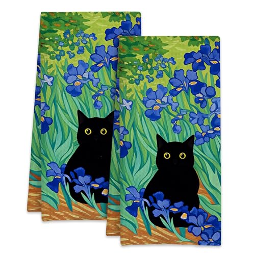 Black Cat with Blue Flowers Kitchen Towels Set of 2,Bathroom Hand Towels 16x24 Inch Absorbent Tea Washcloths for Cleaning Spring Bathroom Decor Kitchen Accessories Gifts - color: Black Cat With Blue Flowers
