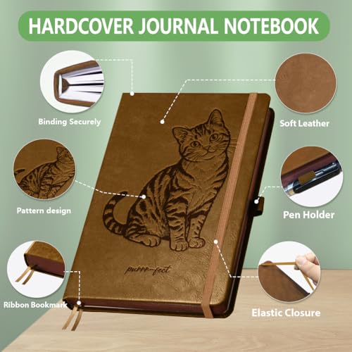 A5 Cute Cat Leather Journal, 300 Pages Lined Notebook, Brown Vintage Pattern Hardcover Notebook for Travel Diary, Business, Work and School Daily Writing - style: Cute Cat