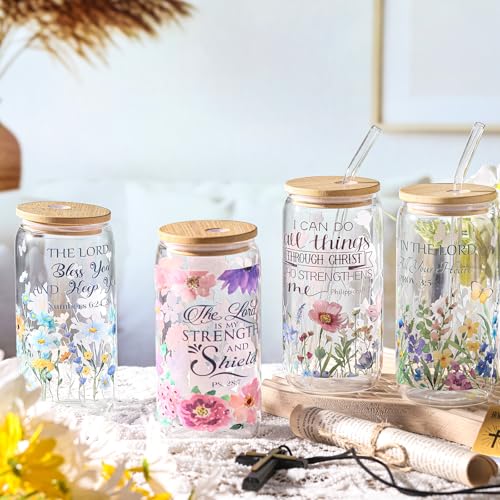 Mumufy 4 Pack Bible Verse Glass Cup, 16 oz Tumbler Mug with Bamboo Lid - style: Bible Verse
