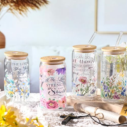 Mumufy 4 Pack Bible Verse Glass Cup, 16 oz Tumbler Mug with Bamboo Lid - style: Bible Verse